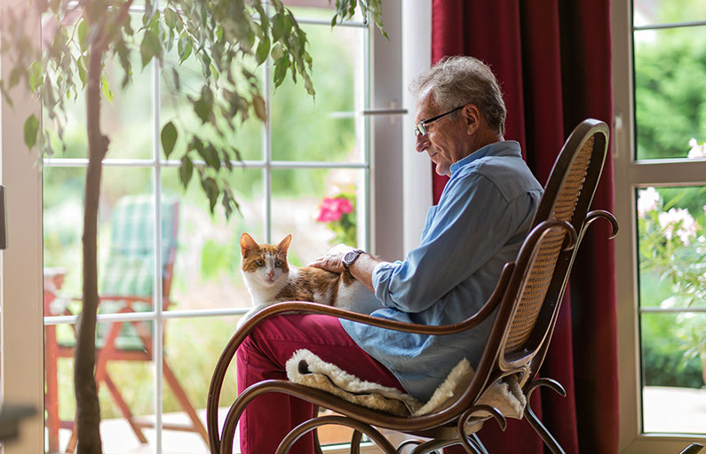 Middle-aged man sitting in a rocking chair at his window petting a cat