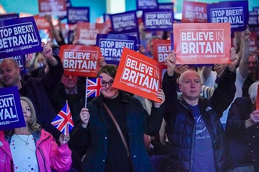Demonstrators take part in a protest against Brexit during the annual Conservative Party Conference on September 30, 2018 in Birmingham, England. The Conservative Party Conference 2018 is taking place at Birmingham's International Convention Centre (ICC) from September 30 to October 3. (Photo by Jeff J Mitchell/Getty Images)