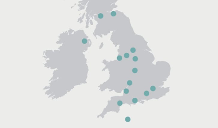 Graphic representation of Investec Wealth & Investment's 15 UK offices
