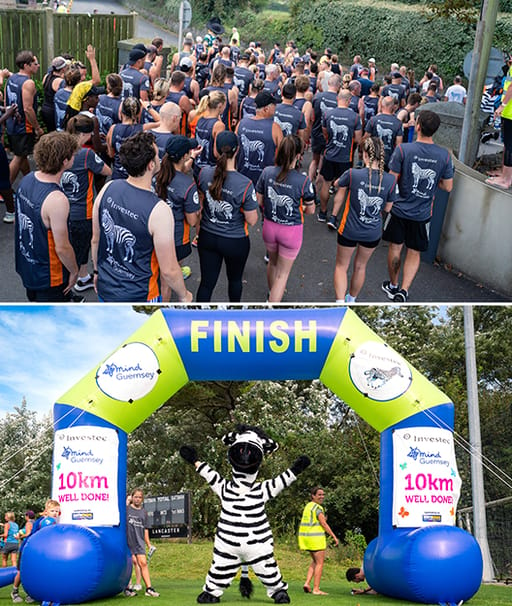 Back of the shirts for the runners at the Guernsey Mind fun run plus photo of Zebbie at the finish line