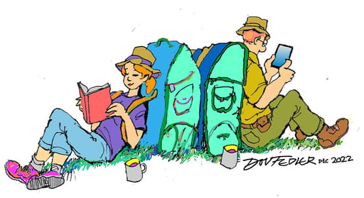cartoon showing two walkers sitting down reading their books