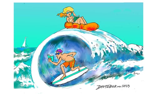 Man surfing the inside of a wave reading a book, woman on a inflatable on top of the wave
