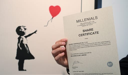 Banksy "Girl With A Balloon" alongside an NFT share certificate