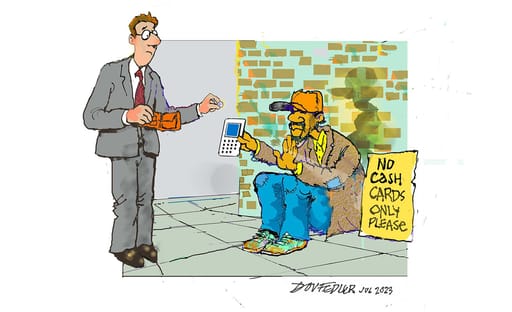 Cartoon showing homeless man only accepting cashless payment