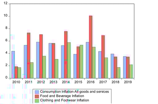 Inflation rates: All consumption goods and services, food and beverages, clothing and footwear (2010 – 2019)