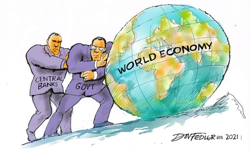 Cartoon showing Central Banks and Government holding up the world economy