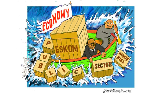 Economy public sector cartoon showing a boat going through rough water