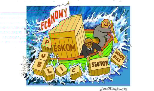 Economy public sector cartoon showing a boat going through rough water