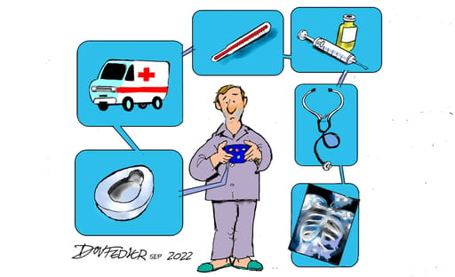 Cartoon showing elements of healthcare all linked to an electronic device