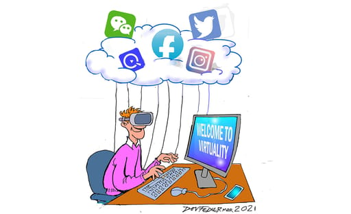Cartoon showing a user with virtual reality glasses working on a computer