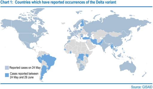 Countries which have reported occurrences of the Delta variant