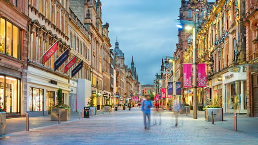 A view up Glasgow's High Street at sunset