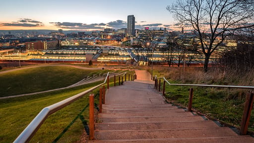 Looking down Park Hill's steel steps towards the City of Sheffield