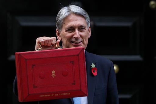 Philip Hammond, U.K. chancellor of the exchequer, holds the dispatch box containing the budget, outside 11 Downing Street before presenting an annual budget statement in Parliament in London, U.K., on Monday, Oct. 29, 2018. When 'Spreadsheet Phil' stands up in Parliament at 3:30 p.m., it is in the knowledge that much of what he promises hinges on a successful outcome of talks in Brussels with the U.K. leaving on March 2019, deal or no deal. Photographer: Chris Ratcliffe/Bloomberg via Getty Images