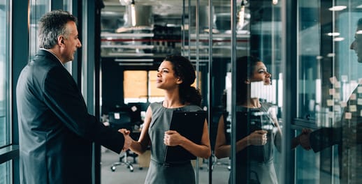 Businesswoman and businessman shaking hands in the office