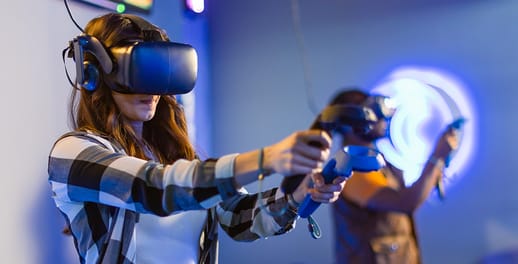 Woman wearing virtual reality device