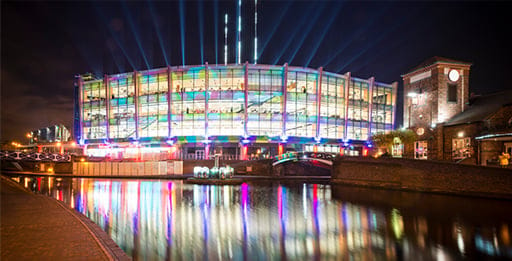 Colourful lit up building