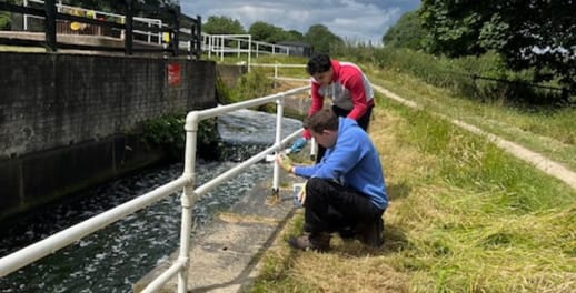 Investec volunteers painting fences by a canal