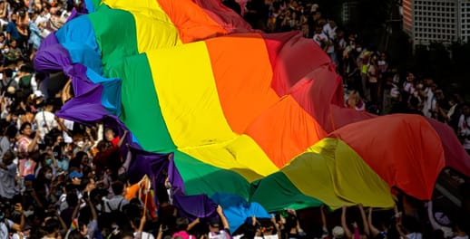 A huge rainbow flag is carried by a crowd of people
