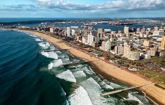 Aerial view of the famous Durban beach front with the harbour in the background