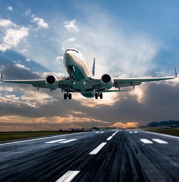 An airplane takes off from the runway