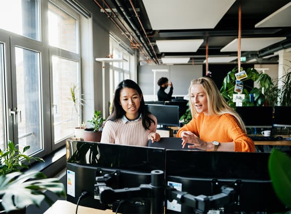 Two colleagues looking over computer screens