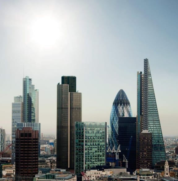 Photo of the London skyline looking across the Gherkin and Cheesegrater