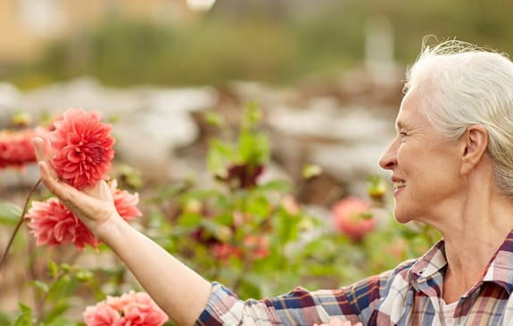 Grey-haired woman tending to her flowers