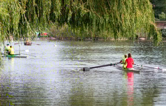 People in fluorescent kits rowing double sculls down a river