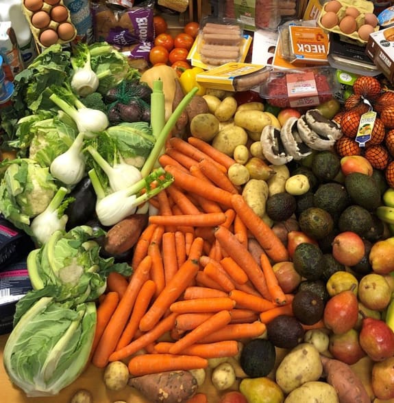 A pile of fruit and vegetables donated to the Felix Project