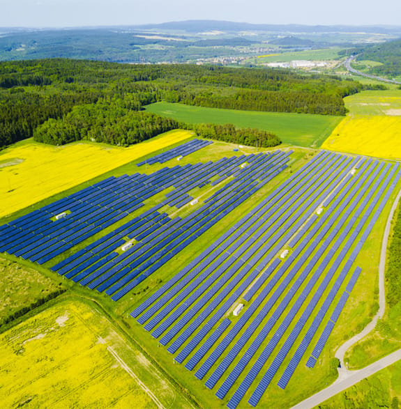 A view of a solar farm from the air