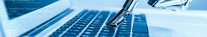 Cybersecurity robot pressing laptop keys