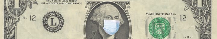 Dollar bill with George Washington wearing a Covid-19 mask