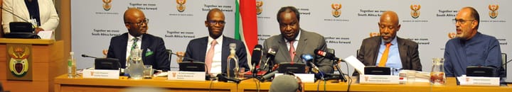 Dondo Mogajane (Director General), David Masondo (Deputy Minister of Finance), Minister of Finance Tito Mboweni, Lesetja Kganyago (Reserve Bank Governor) and Edward Kiewetter (SARS Commisioner) during the 2020 National Budget Press Conference at the Parliament House on February 26, 2020 in Cape Town.