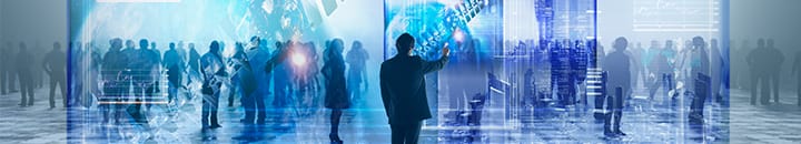 businessman using virtual visual screen in crowd
