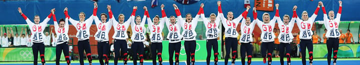 The GB hockey women's team celebrates