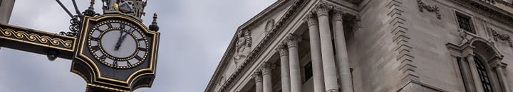 Bank of England building with close-up of clock