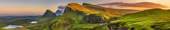 Quiraing mountains sunset at Isle of Skye, Scottish highlands
