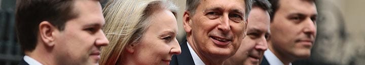 Chancellor of the Exchequer, Philip Hammond (C) presents the red Budget Box with ministers (L-R) Exchequer Secretary to the Treasury, Robert Jenrick, Chief Secretary to the Treasury, Elizabeth Truss, Financial Secretary to the Treasury, Mel Stride and Economic Secretary to the Treasury, John Glenn, as he departs 11 Downing Street to deliver his 2018 budget announcement to Parliament on October 29, 2018 in London, England