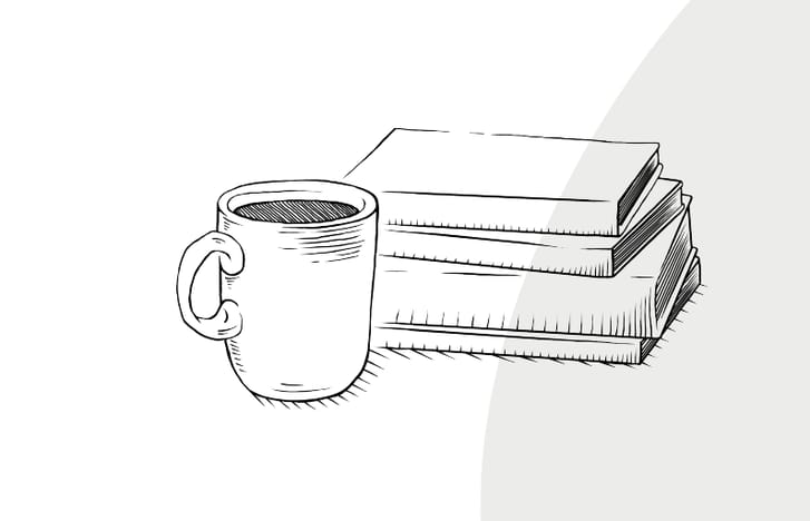 Graphic showing cup of tea and a stack of books