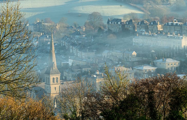Early morning view down onto a regional English town