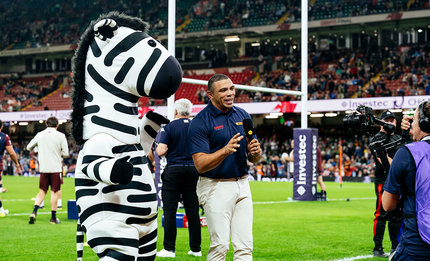 Investec's zebra mascot and Bryan Habana, former Springbok rugby player