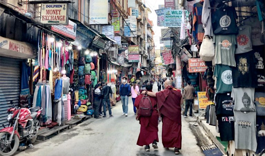 Shops line the dusty streets of Thamel