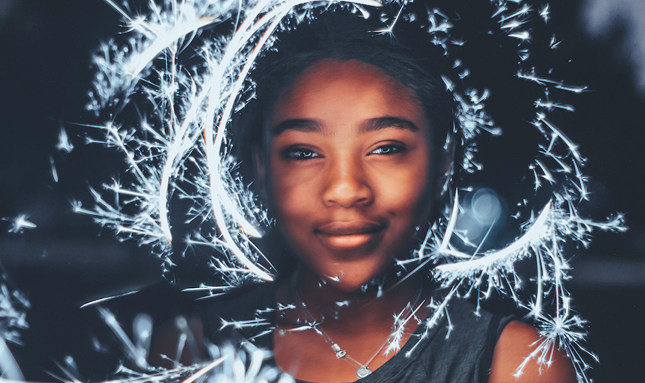 Female looking into a frozen camera lens