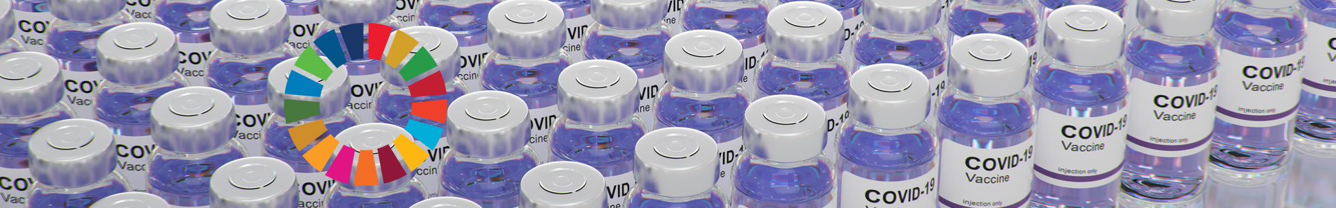 Covid vaccine vials with the UN SDG wheel