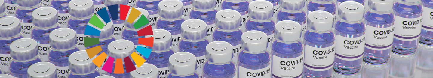 Covid vaccine vials with the UN SDG wheel