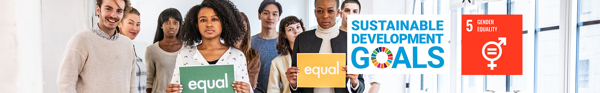 work colleagues with signs saying equal