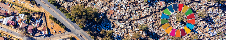 Aerial view of inequality. Wealthy housing along side the Makause informal settlement in Primrose, South Africa