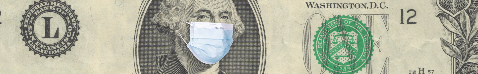 Dollar bill with George Washington wearing a Covid-19 mask