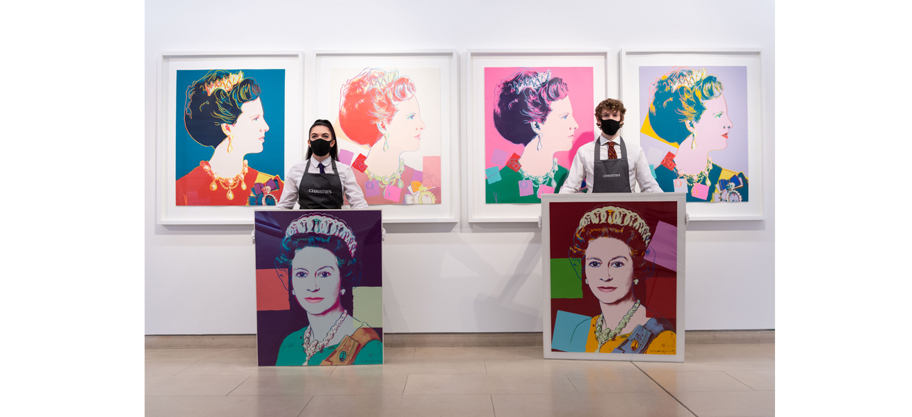 Queen Elizabeth II, from: Reigning Queens by Andy Warhol is displayed during preparations ahead of online sales at Christies Auction House on March 26, 2021 in London, England.